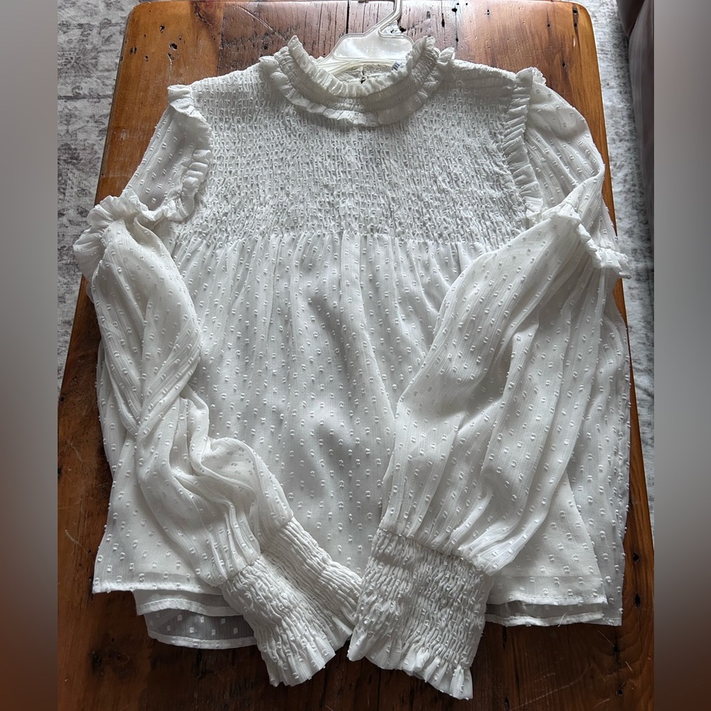 Zara White Swiss Dot Smocked High-Neck Blouse - Trafaluc Collection